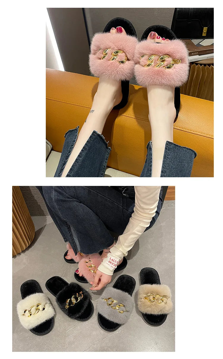 Plush Slippers for Women with Chain Detail and Cushioned Sole