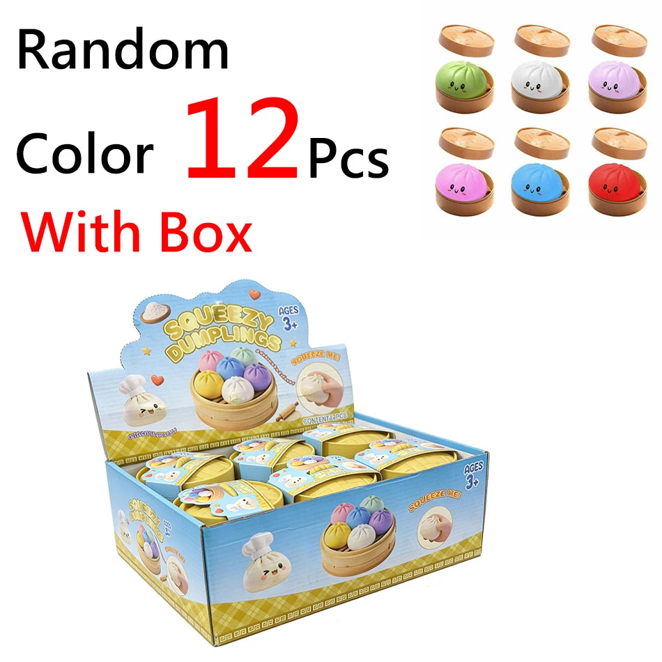 Multi-colored soft silicone dumpling fidget toy in a bamboo-style case for sensory play and stress relief.