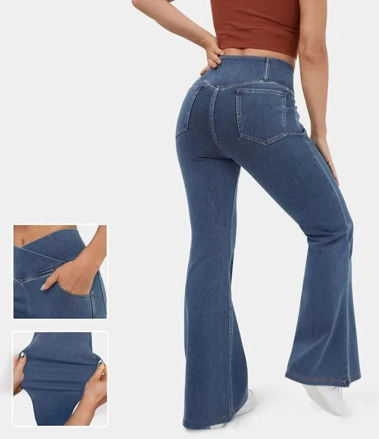 Stretch Pants High Waisted Crossover Flare with Bootcut Silhouette