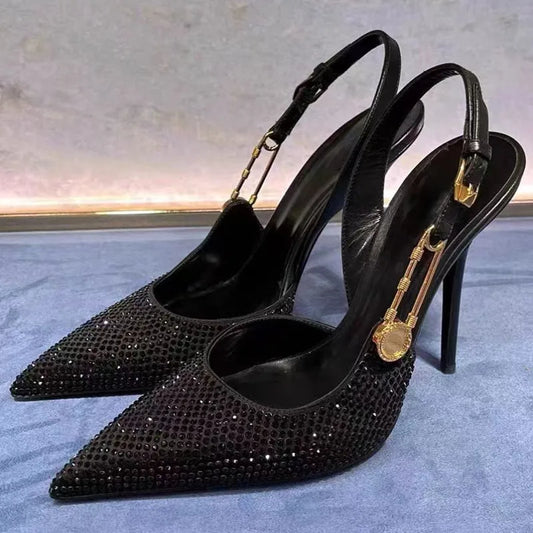 Sequined Slingback Pumps with Rhinestone Buckle for Women featuring Slim 9.6 cm Heel