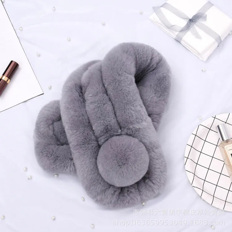 Grey rabbit fur short triple-tube scarf featuring a solid color and a pom pom accent.