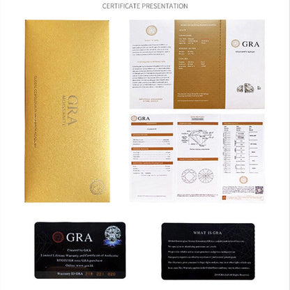 GRA certificate presentation with a gold envelope, open report, and two black authentication cards.