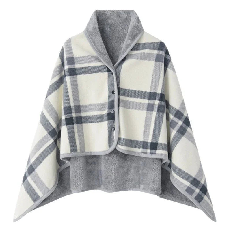 Plaid fleece wearable blanket poncho with button front