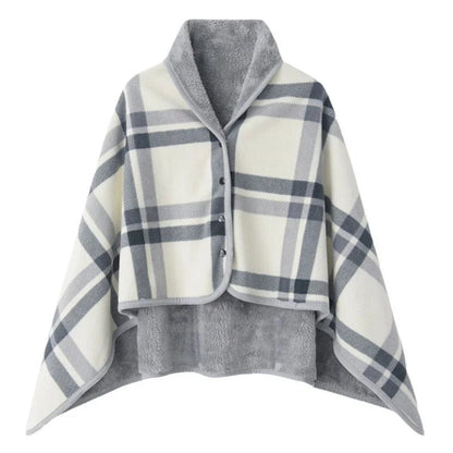 Plaid fleece wearable blanket poncho with button front