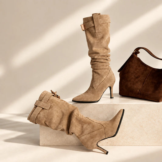 Camel suede high-heel slouchy boots with pointed toe, thin heel, and a decorative top belt buckle.