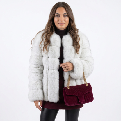 Puff Sleeve Faux Fur Winter Coat by Merch Gone Viral, light gray overcoat.