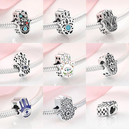 925 Silver Blue Enamel Fatima Hand Charm - DIY Jewelry Beads for Charm Bracelets