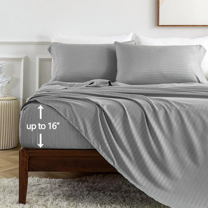 Battilo Bed Sheets 4 Pieces Set Luxury Fitted Flat Sheet with Pillowcases Solid Stripe Bedding Set For Twin Full Queen King Size