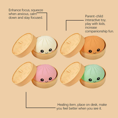 Colorful silicone dumpling squishies in bamboo steamers as a fidget toy for stress relief and desk play.