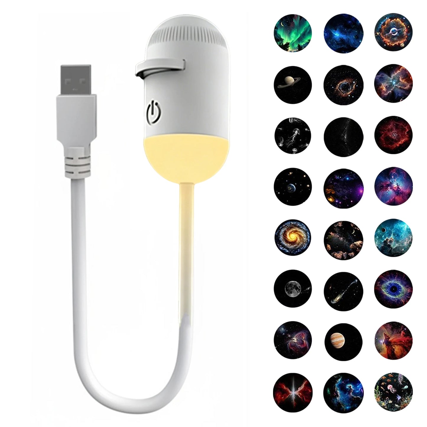 White USB LED home decor light with adjustable gooseneck and projector discs for room ambiance.