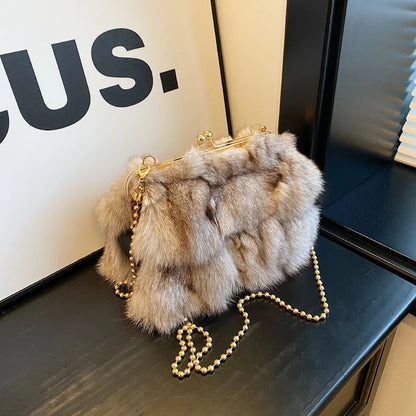 Luxury Soft Plush Evening Bags For Elegant Women Fox Fur Dinner Party Clutch Chain Crossbody Winter Warm Luxury Designer Handbags