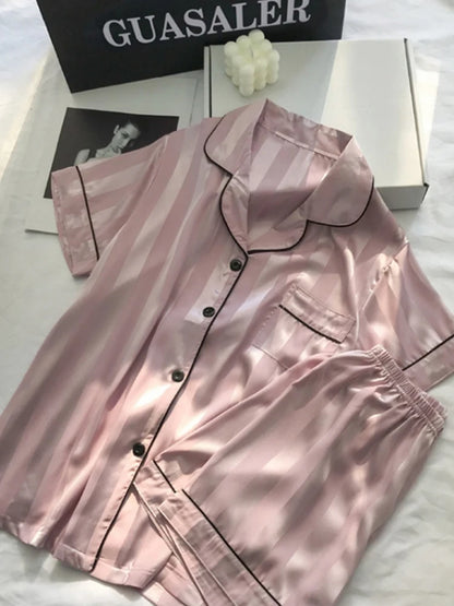 Soft Lounge Set Satin Striped with Button Up Shirt and Pants for Women