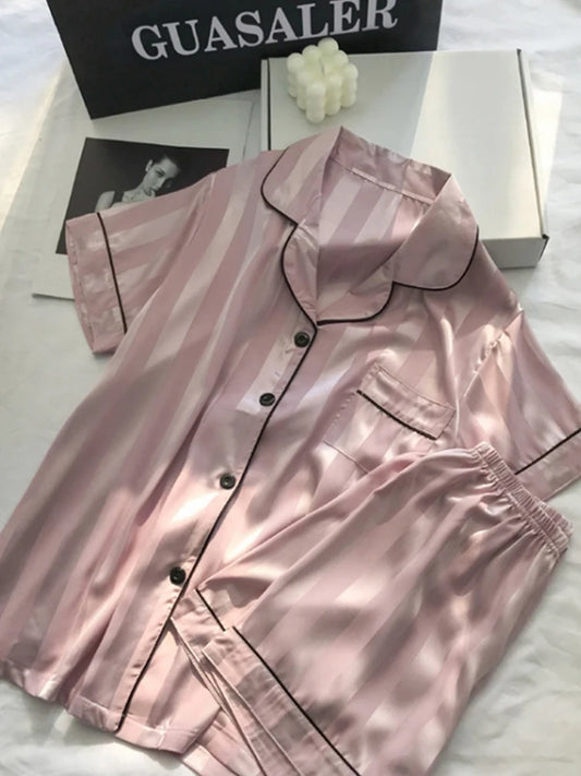 Soft Lounge Set Satin Striped with Button Up Shirt and Pants for Women