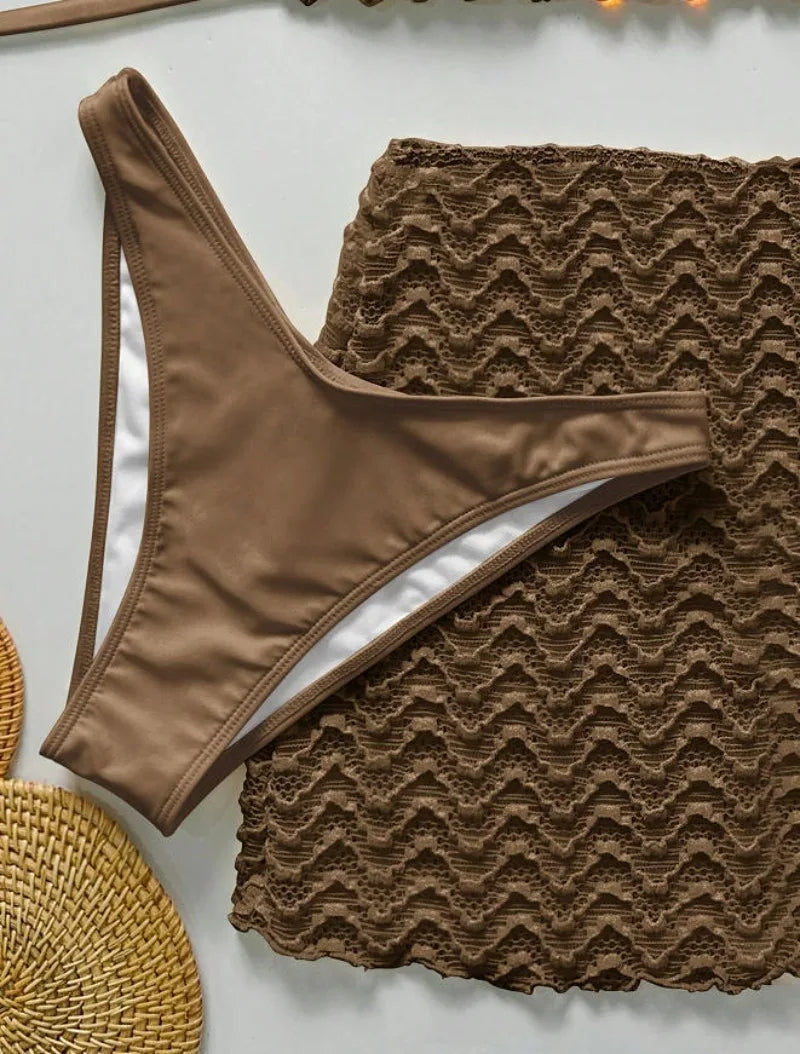 Women's Halter Push-Up Three-Piece Bikini Set with Skirt Cover-Up