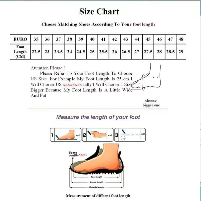 A shoe size chart table correlating Euro sizes 35 through 48 with foot lengths in centimeters.