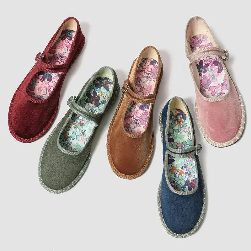 Women's floral-lined Mary Jane flats with buckle strap