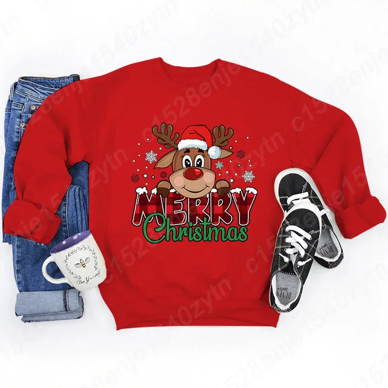 Women’s Christmas Reindeer Sweatshirt Loose Fit Polyester Cotton