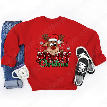 Women’s Christmas Reindeer Sweatshirt Loose Fit Polyester Cotton