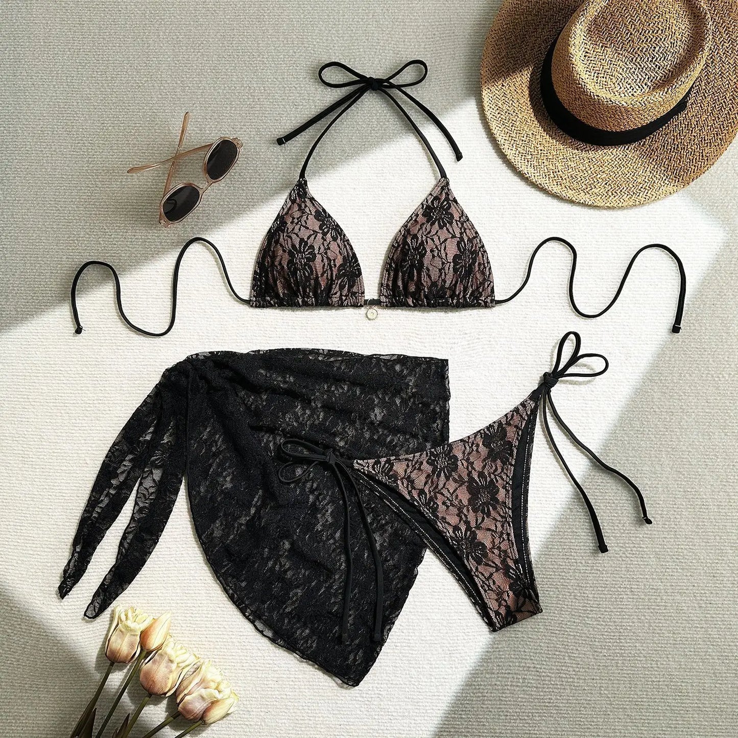 Women's Lace Detail Bikini Set with Removable Padding and Low-Rise Bottoms
