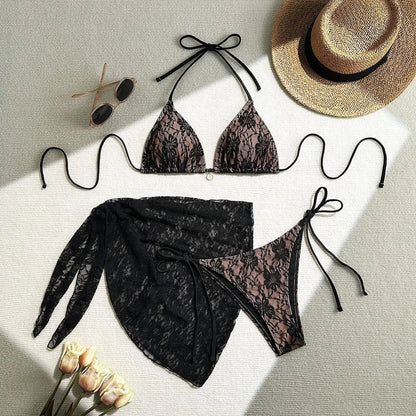 Women's Lace Detail Bikini Set with Removable Padding and Low-Rise Bottoms