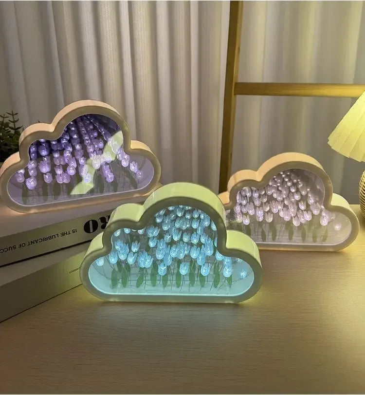 Cloud-shaped glass lamps with colorful tulip motifs and LED lights for bedside ambient home decor.