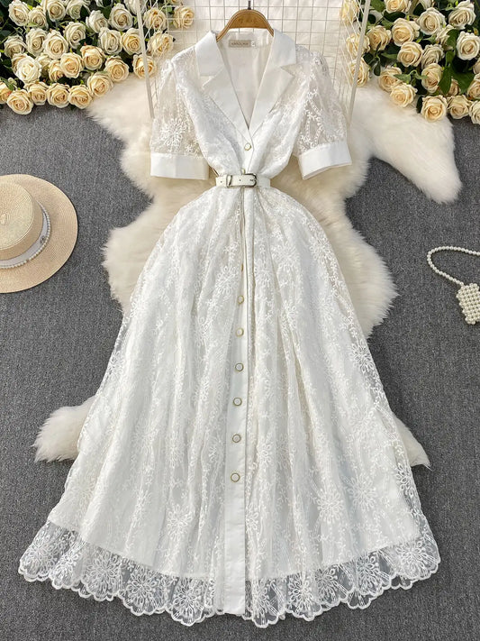 Designer Runway Lace Blazer Dress – Luxury Embroidered Long Gown for Elegant Evenings