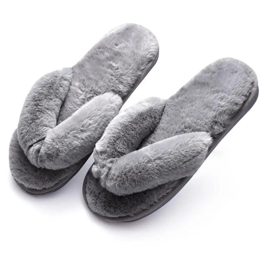 1 Pair Plush Women Slippers Thicken Furry Soft Warm Practical Winter Thermal Flip Flops for Home Indoor