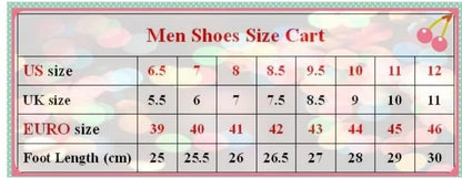 Men's shoe size chart mapping US, UK, and Euro sizes from US 6.5/Euro 39 to US 12/Euro 46 with foot lengths.