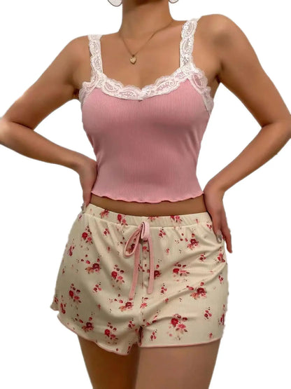 Delicate Pajama Set with V Neck Camisole Top and Printed Shorts