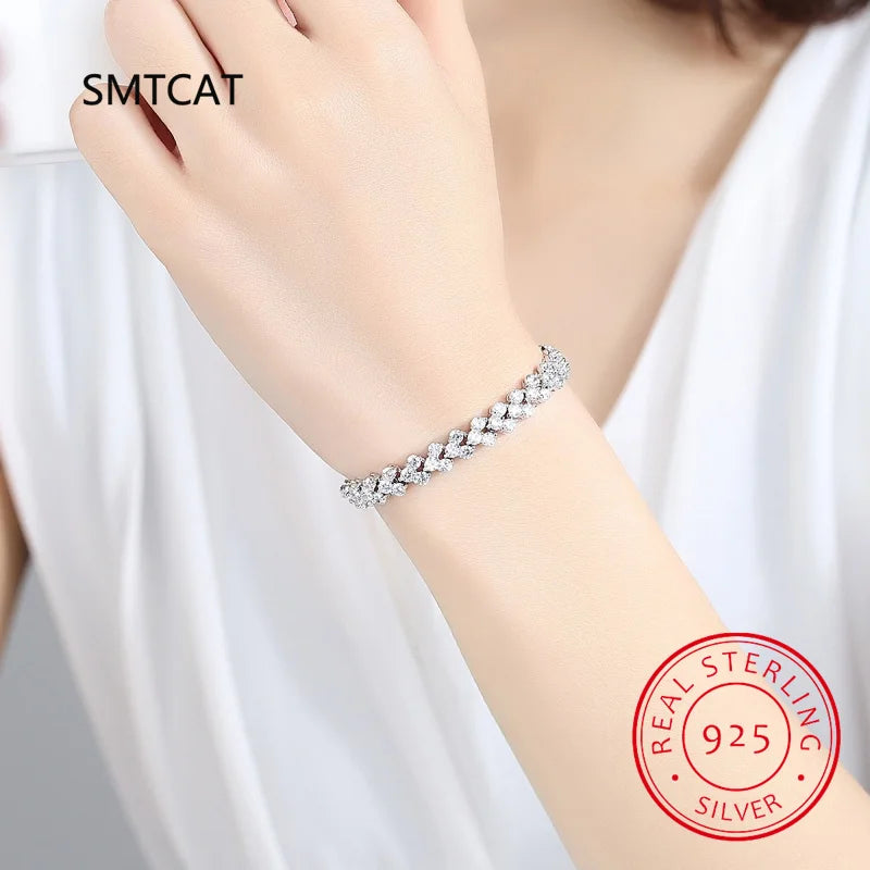 Shimmering Bracelet With Chain Link Cubic Zirconia Sterling Silver