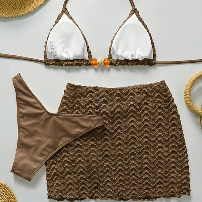 Women's Halter Push-Up Three-Piece Bikini Set with Skirt Cover-Up