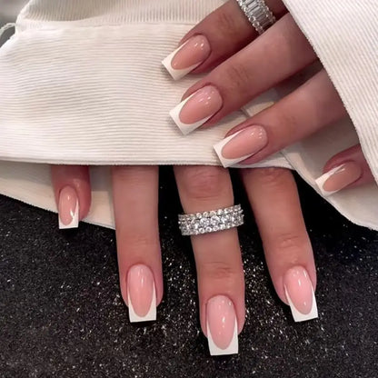 24Pcs French Tip Handmade Press On Nails Minimalist Solid Color Fake Nails Medium Square Full Cover Press On Nail Tips With Glue