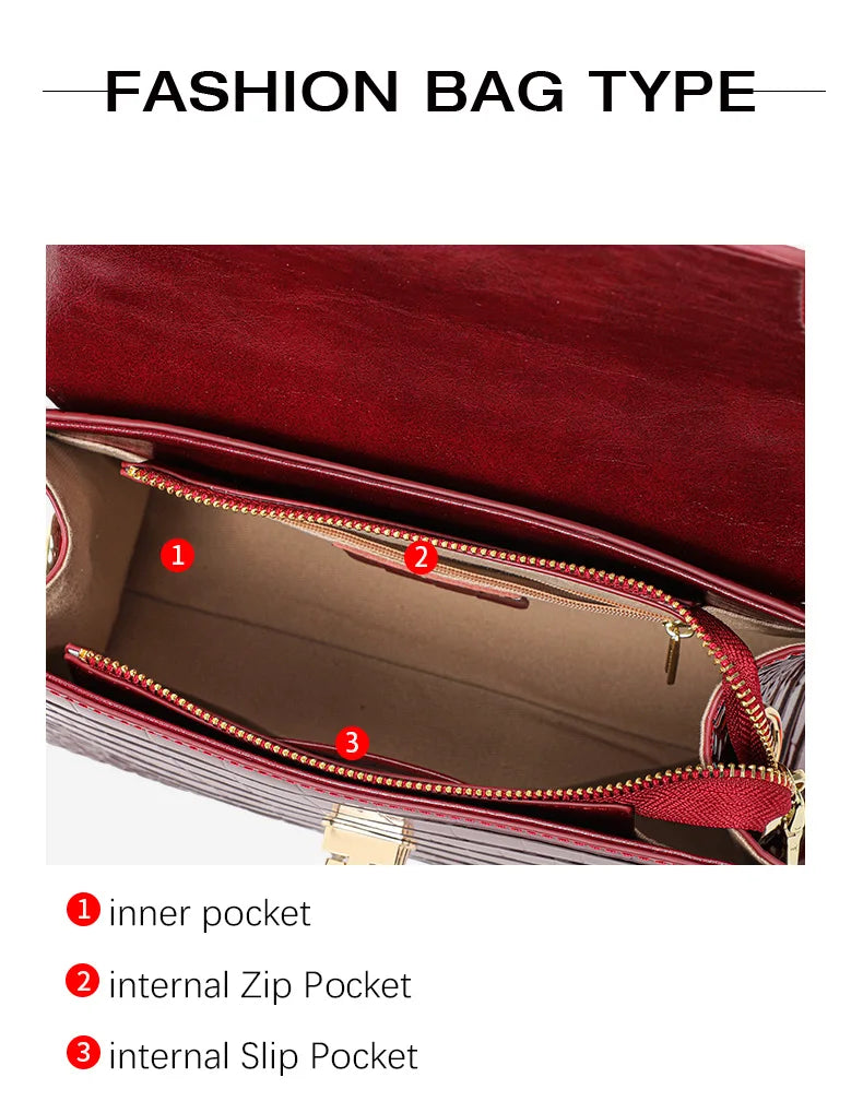 Red leather crocodile pattern handbag showing interior compartments, numbered one to three.