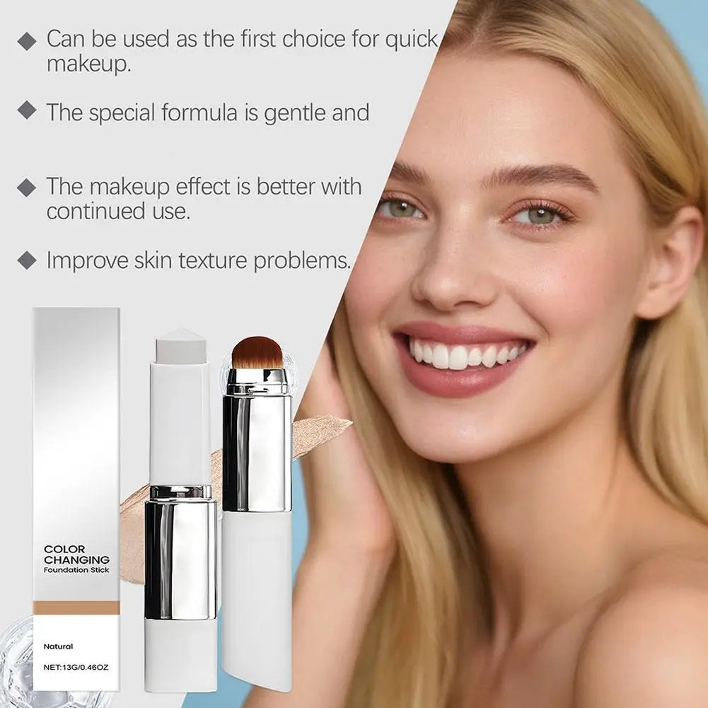Foundation stick with built in makeup brush and color changing formula