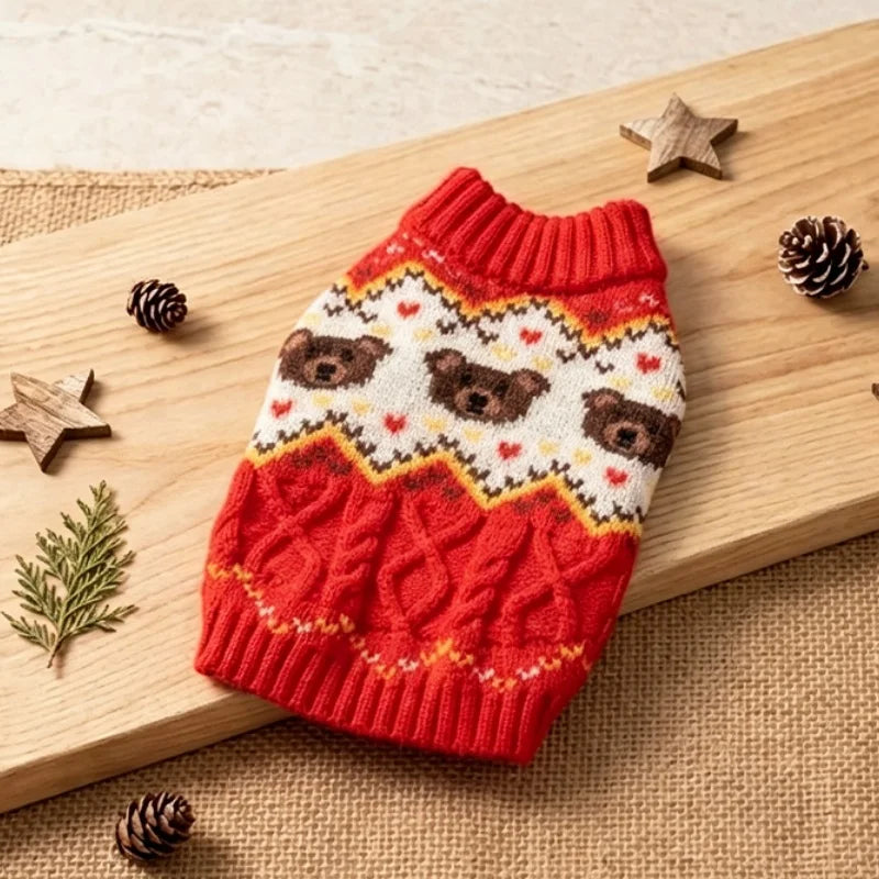 Retro-print dog sweater with optional matching hat set