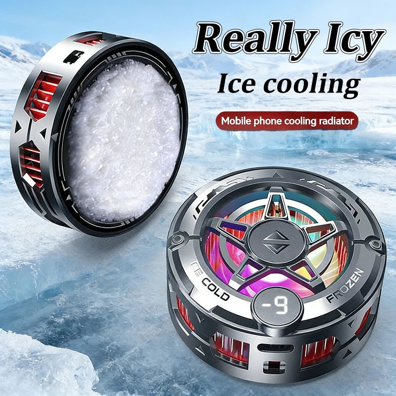 Silver magnetic phone cooler with red vents, star design, and digital display for portable gaming temperature management.