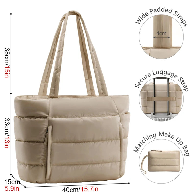 Beige quilted polyester multi-pocket tote bag with zip closure for travel and work organization.