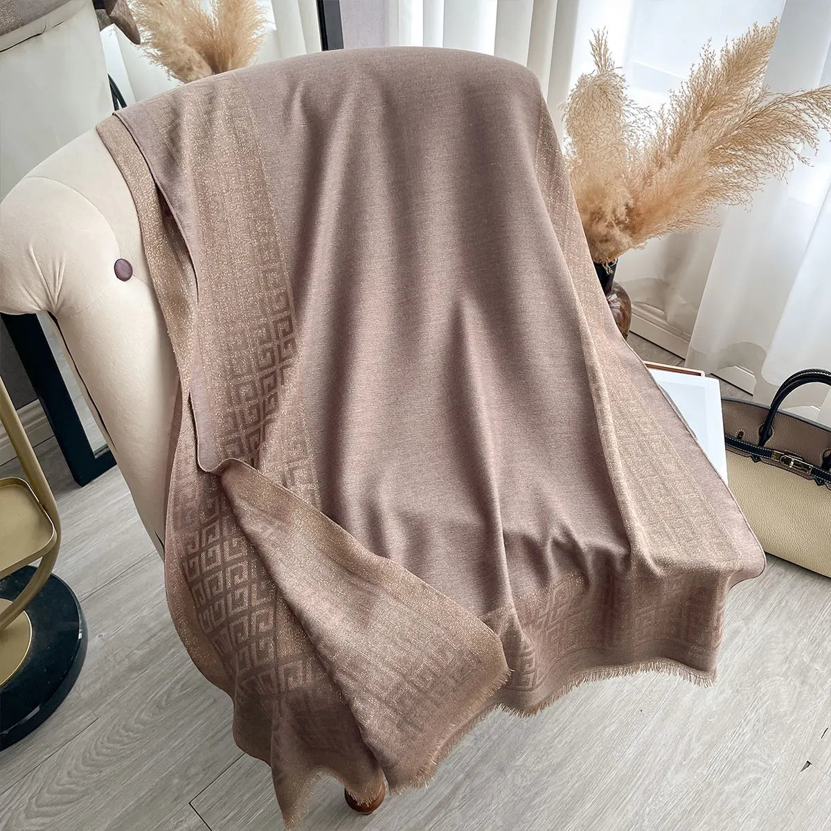 Sun-Protective Hijab Scarf with Golden Thread Accents for Styling