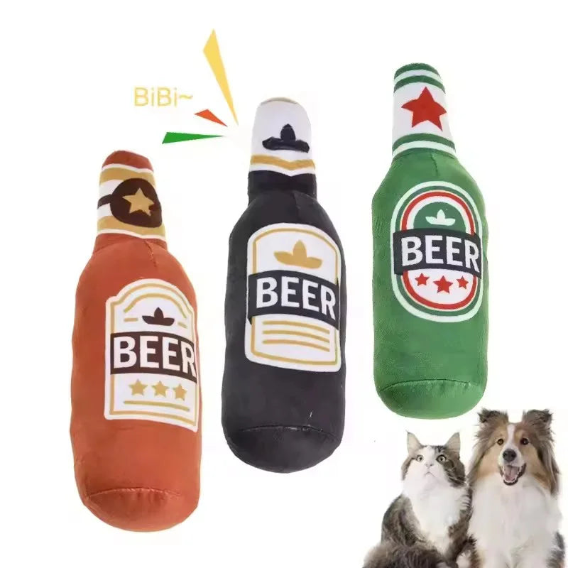 Beer Bottle Plush Dog Toy Chew Squeaker for Teeth Cleaning