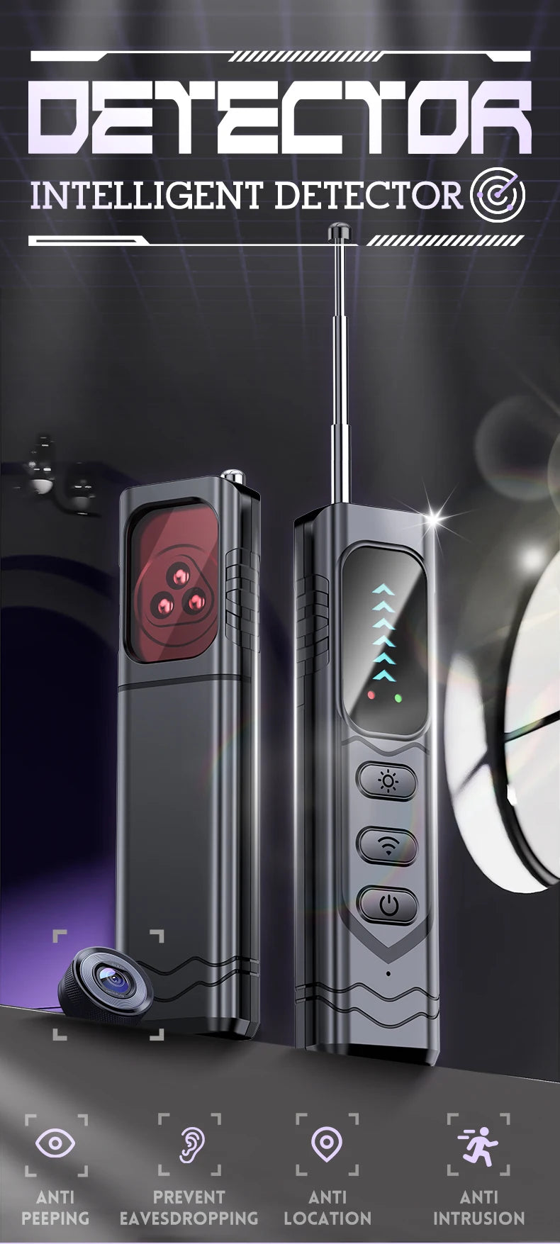 Black smart camera detector with an extendable antenna, red lens viewport, control buttons, and indicator lights.