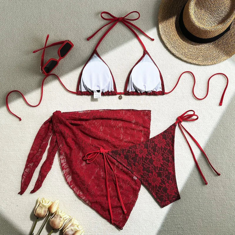 Women's Lace Detail Bikini Set with Removable Padding and Low-Rise Bottoms