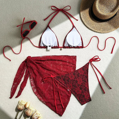 Women's Lace Detail Bikini Set with Removable Padding and Low-Rise Bottoms