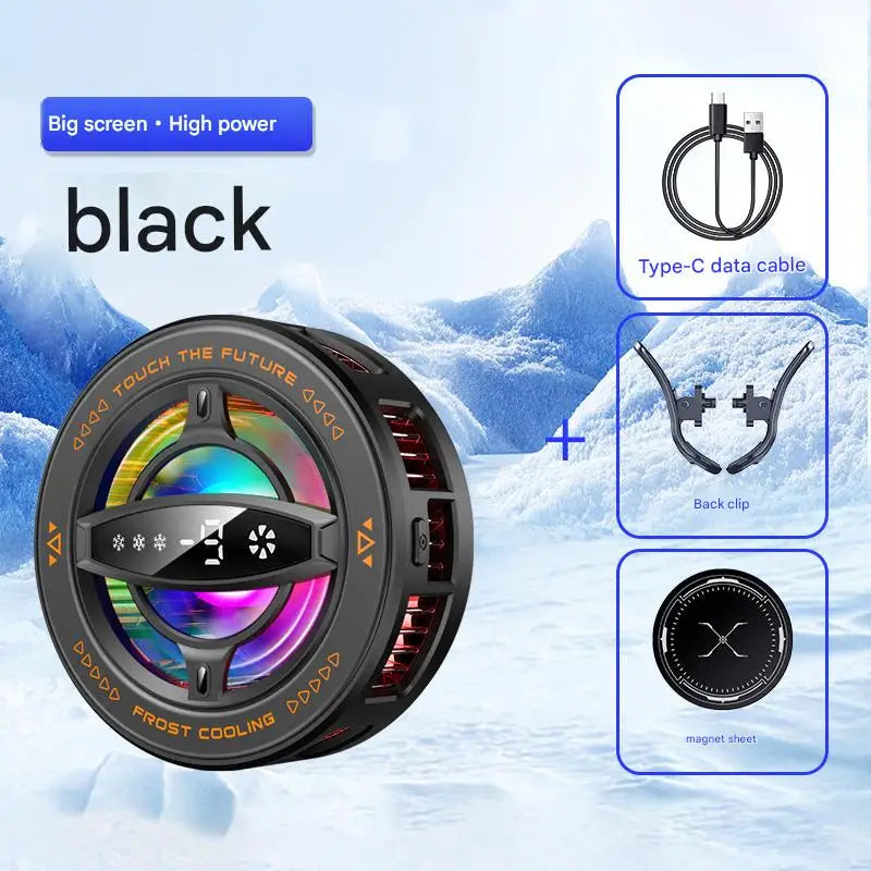 Black circular magnetic phone cooling fan with RGB lighting and LED display for mobile gaming and streaming.