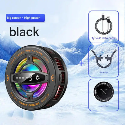 Black circular magnetic phone cooling fan with RGB lighting and LED display for mobile gaming and streaming.
