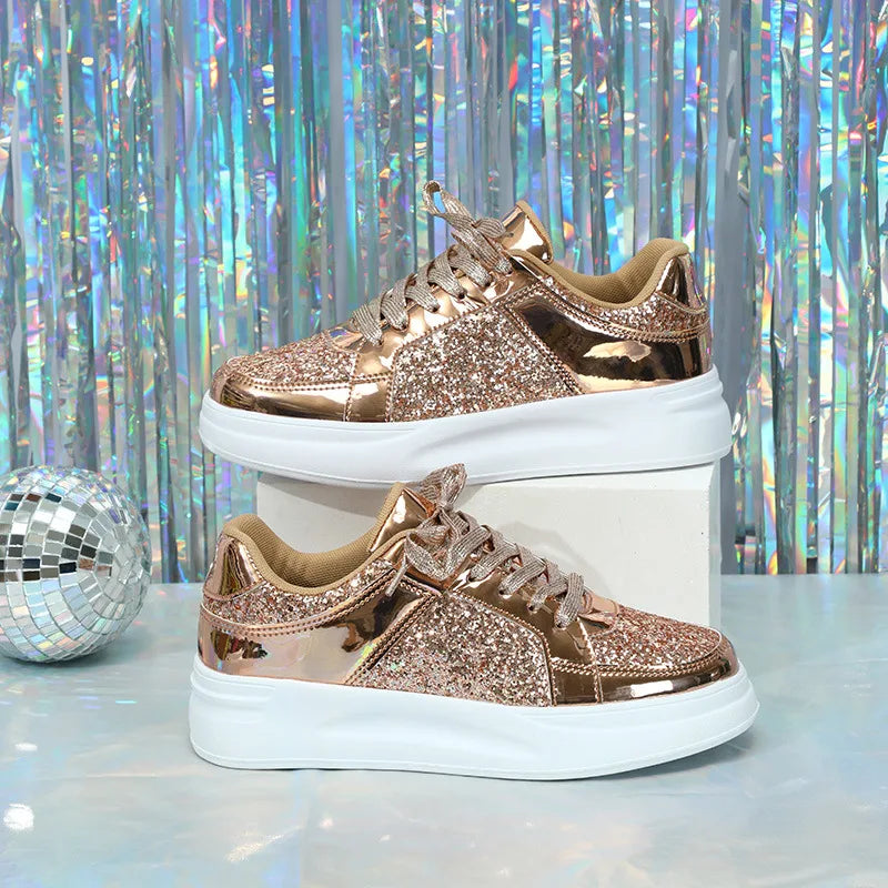 Rose gold sequin casual lace-up sneakers with thick white soles.