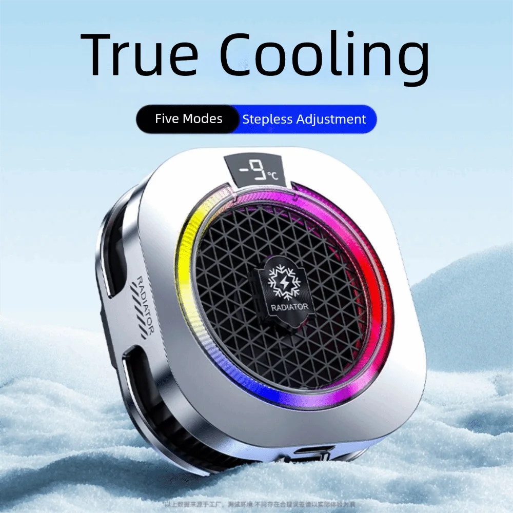 Silver metallic mobile phone cooler with RGB lights, digital temp display, and high-power fan for gaming.