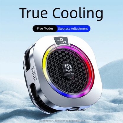 Silver metallic mobile phone cooler with RGB lights, digital temp display, and high-power fan for gaming.