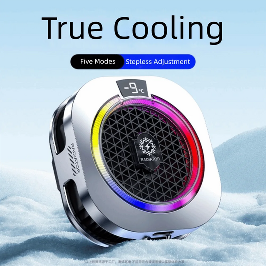 Silver metallic mobile phone cooler with RGB lights, digital temp display, and high-power fan for gaming.