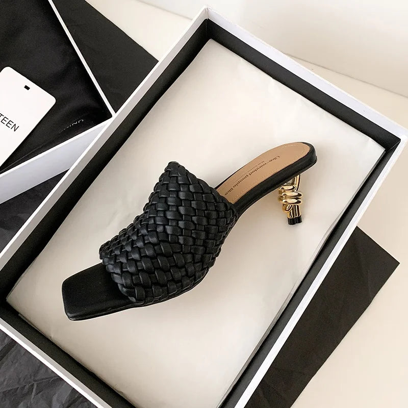 Woven Kitten Heel Sandals Open Toe With Sheepskin Cushioned Insole