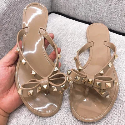 Studded Flat Bot Thong Slippers Holiday Beach Sandals Women's Jelly Slip-On oes Comfortable Casual PVC Footwear